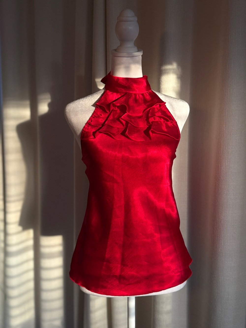A. Byer Red Satin Ruffle Halter top